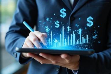 A person using a tablet to manage personal finances, surrounded by digital graphs and currency symbols, symbolizing financial literacy.