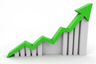 A graph showing a steady increase in stock market values over time, with green upward trends.