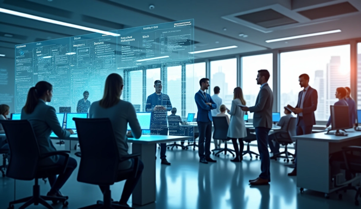 A futuristic office environment with people collaborating, surrounded by holographic displays and smart devices, illustrating technological disruption in the workplace.