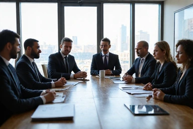 A group of diverse professionals in a modern conference room discussing business strategies, suggesting corporate finance.