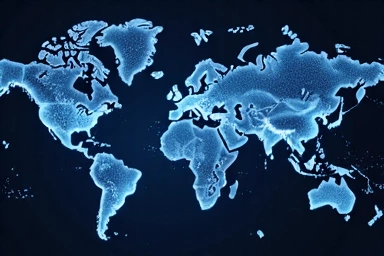 Abstract rendering of global supply chains with interconnected lines and nodes, representing international trade.