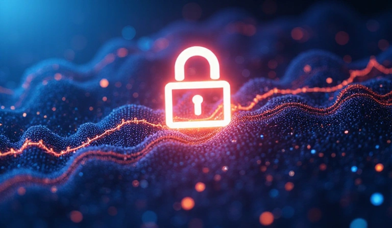 Data privacy concept with padlock icon over abstract data streams