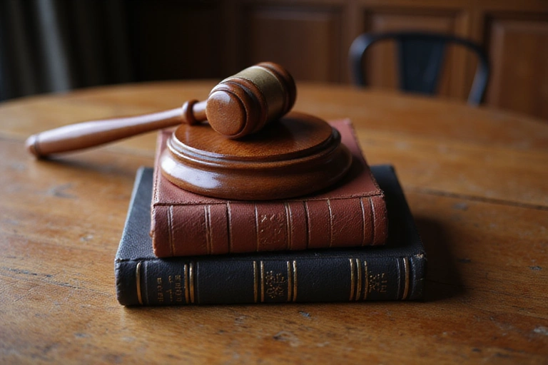 Gavel and law books on a wooden table, symbolizing justice