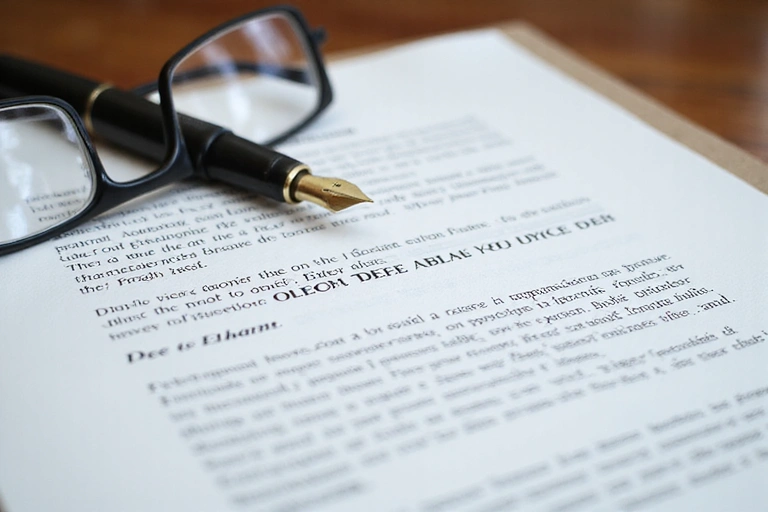 Legal document with a pen and glasses